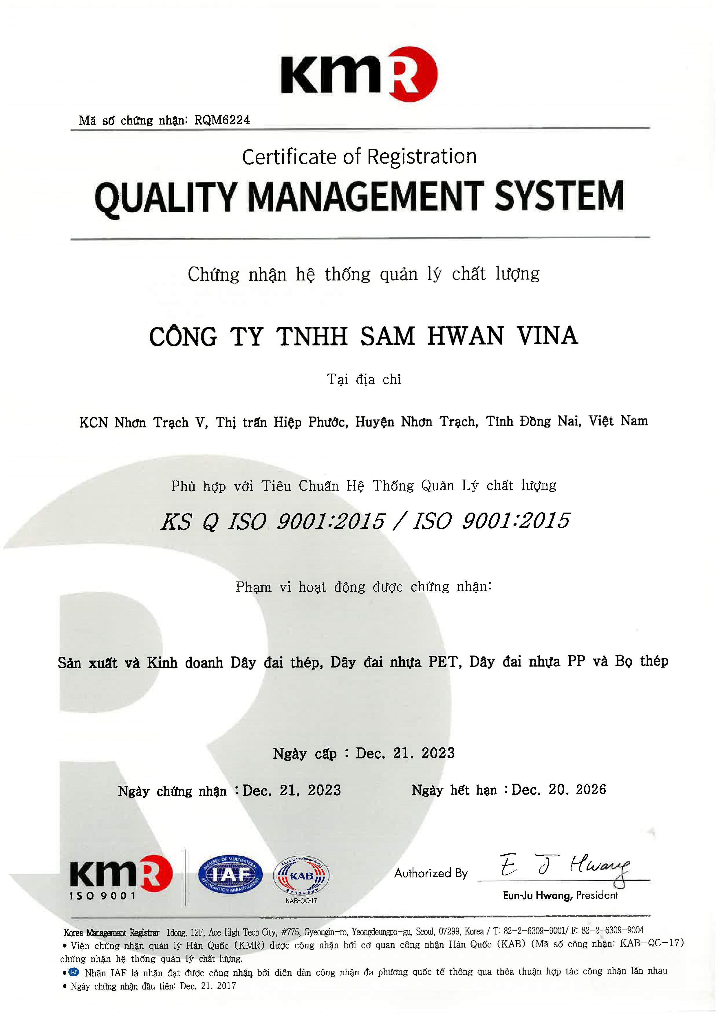 Chứng nhận - Công Ty Trách Nhiệm Hữu Hạn Sam Hwan Vina